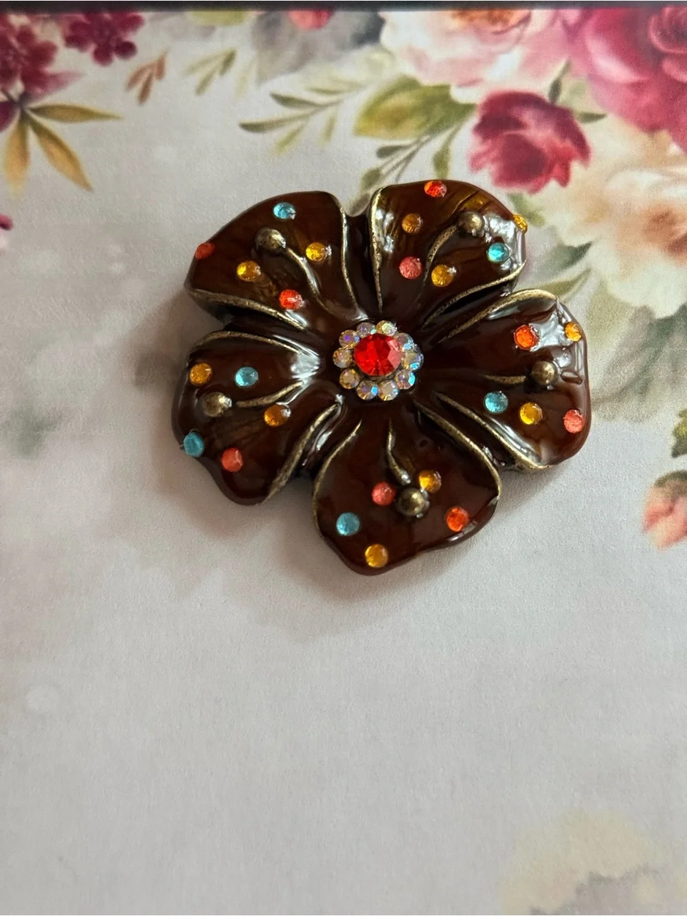 Multicolor Crystal Flower Brooch - Brown Floral Pin